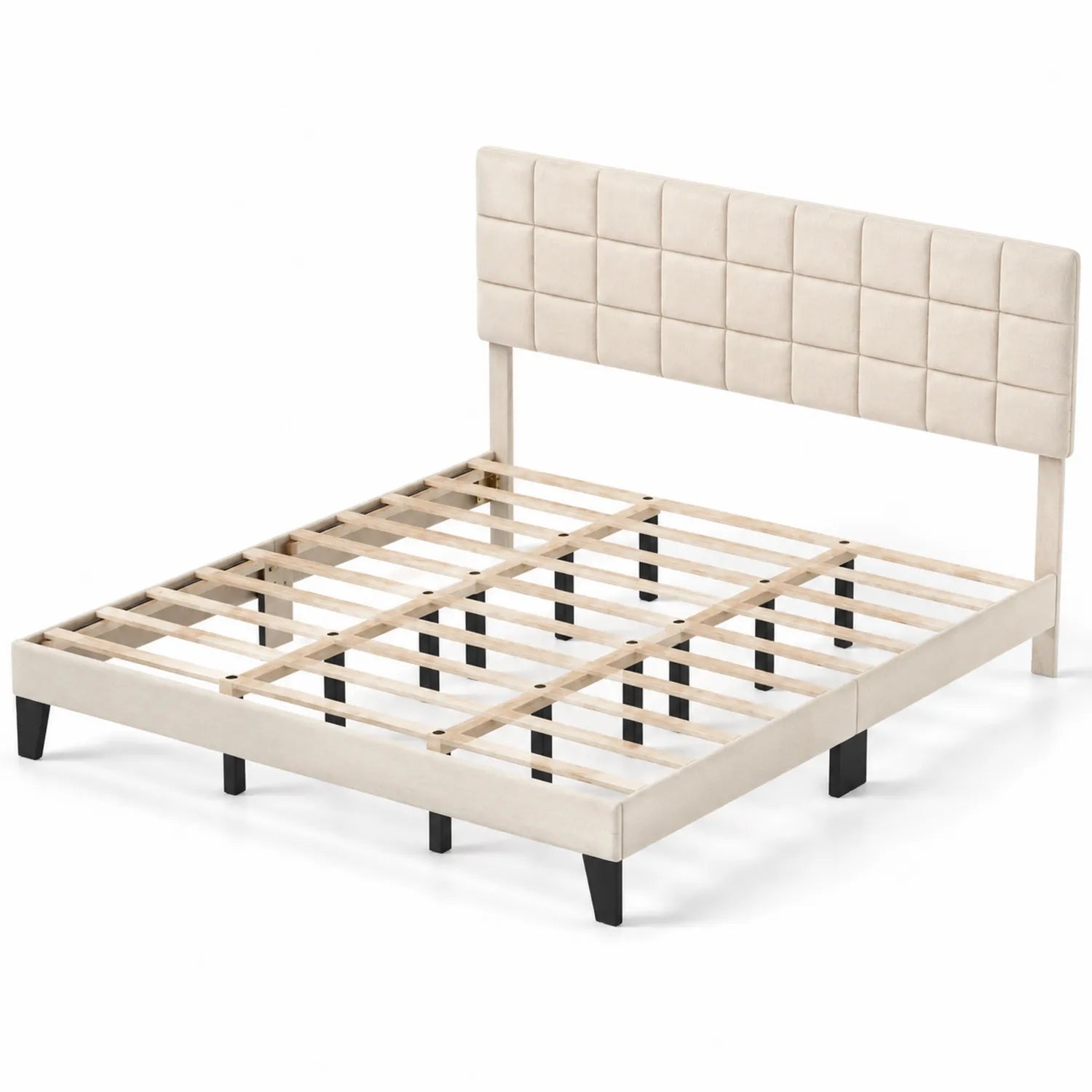 Cama doble con cabecero tapizado en poliéster beige 200x150 cm