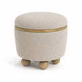 Puff cilíndrico de poliéster beige con patas de madera