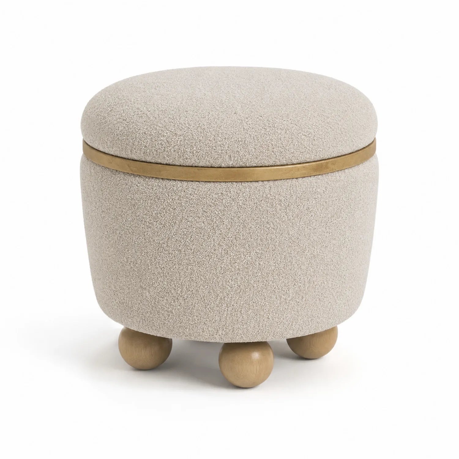 Puff cilíndrico de poliéster beige con patas de madera
