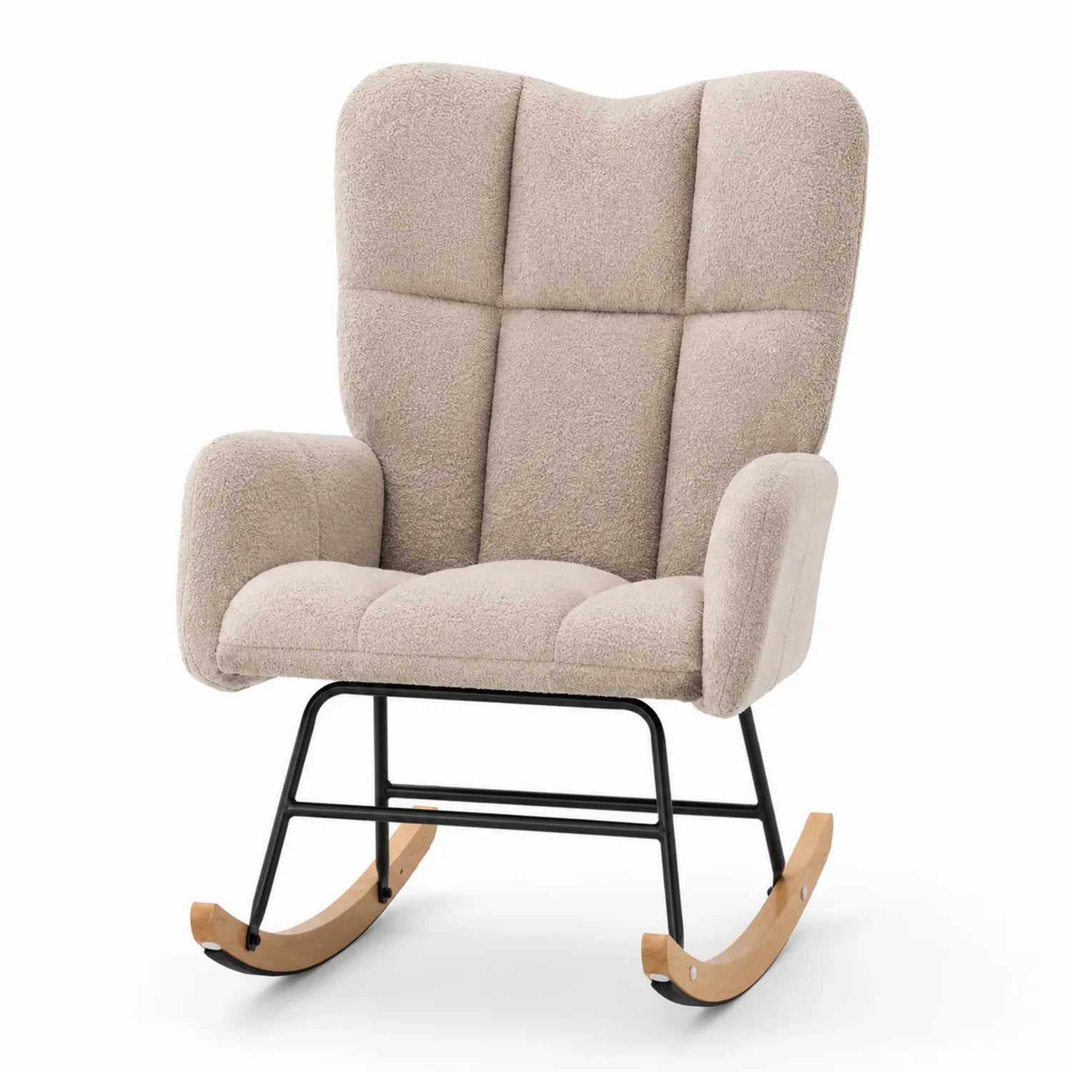 Silla mecedora de tela bouclé beige con estructura de metal y base de madera