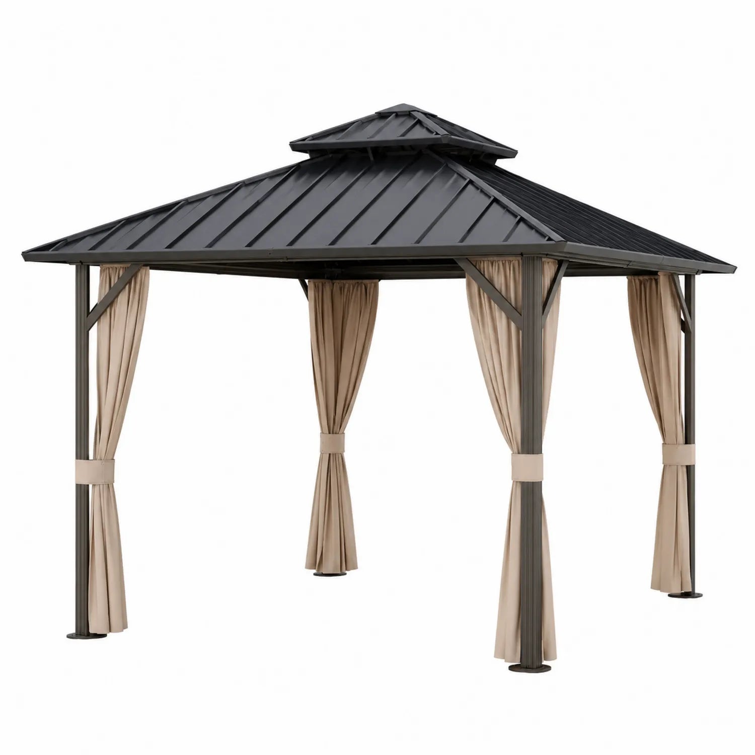 Pérgola de aluminio y acero con techo de doble capa y cortinas de poliéster 300x400 cm