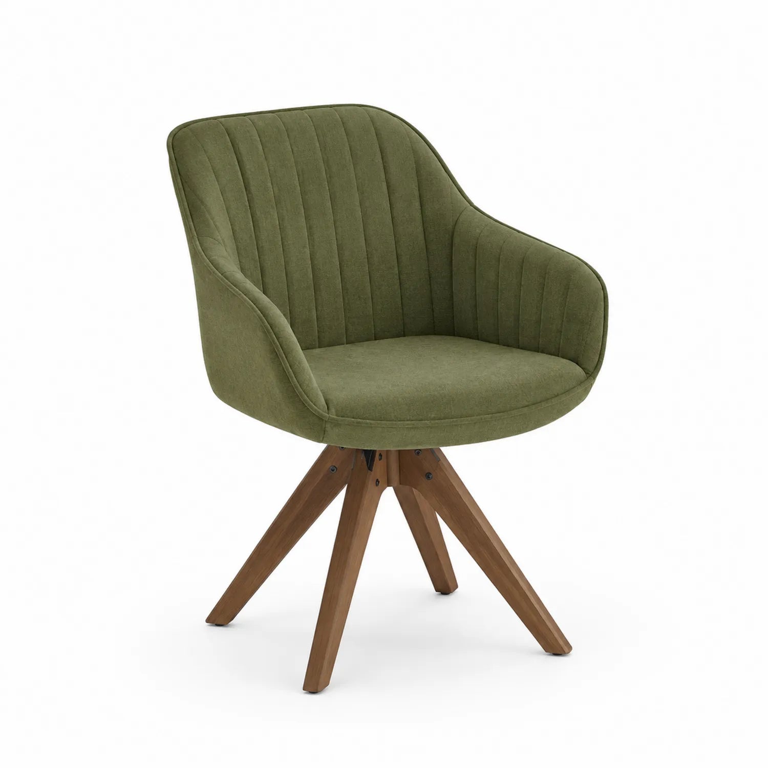 Silla giratoria de tela verde con patas de madera