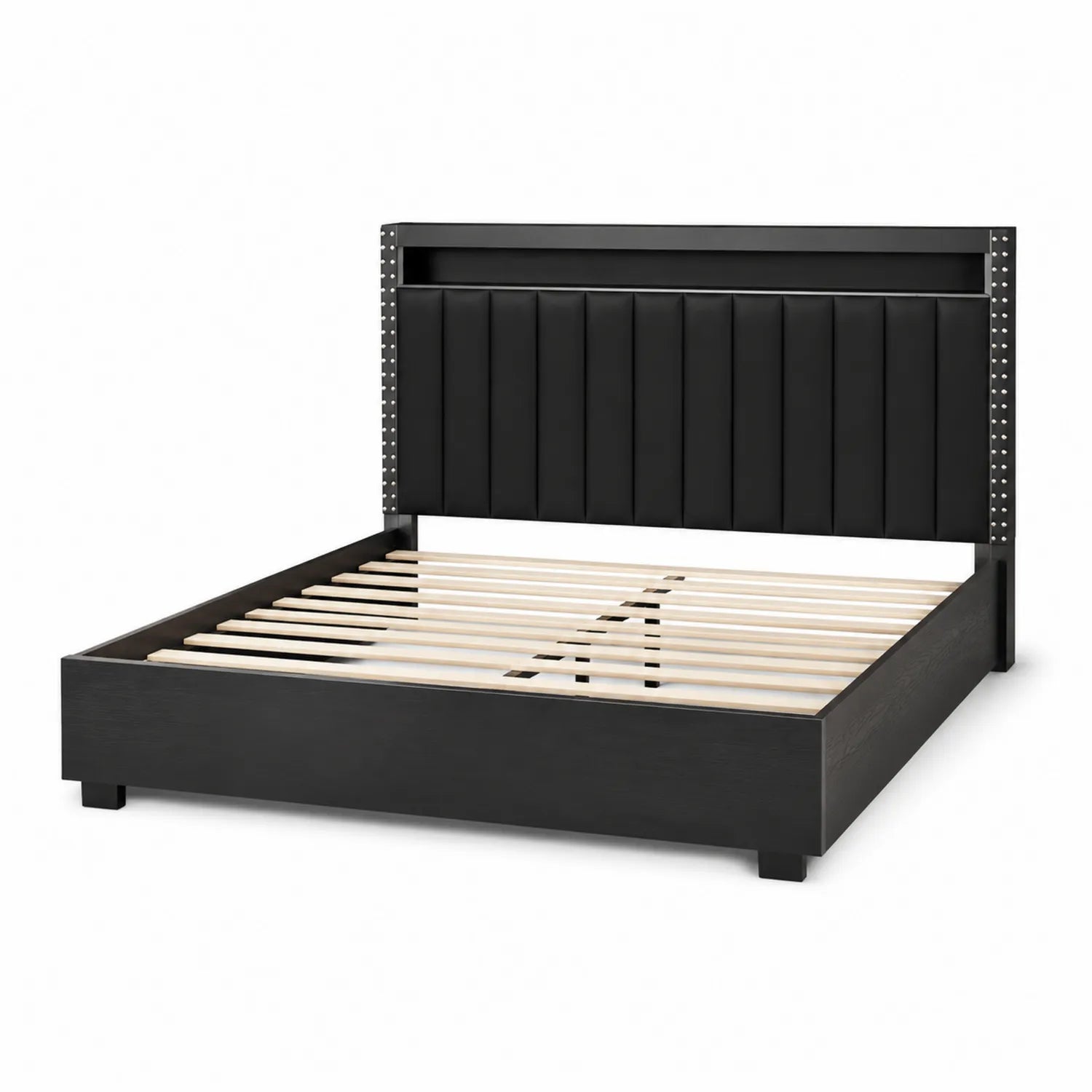 Cama de madera con cabecera acolchada y tachuelas 160x200 cm negra